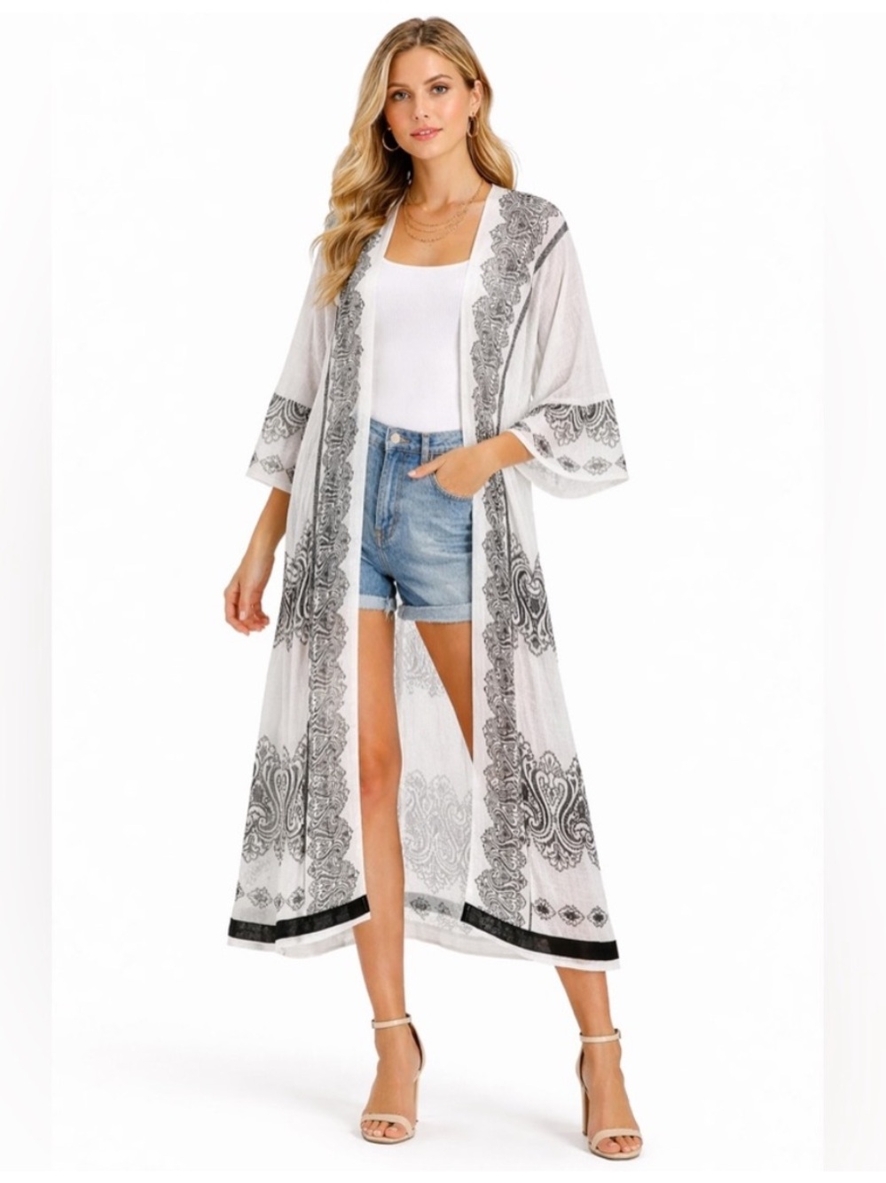 Chico's Women's Classic Open Front gauze Knit Mesh Long Boho Kimono